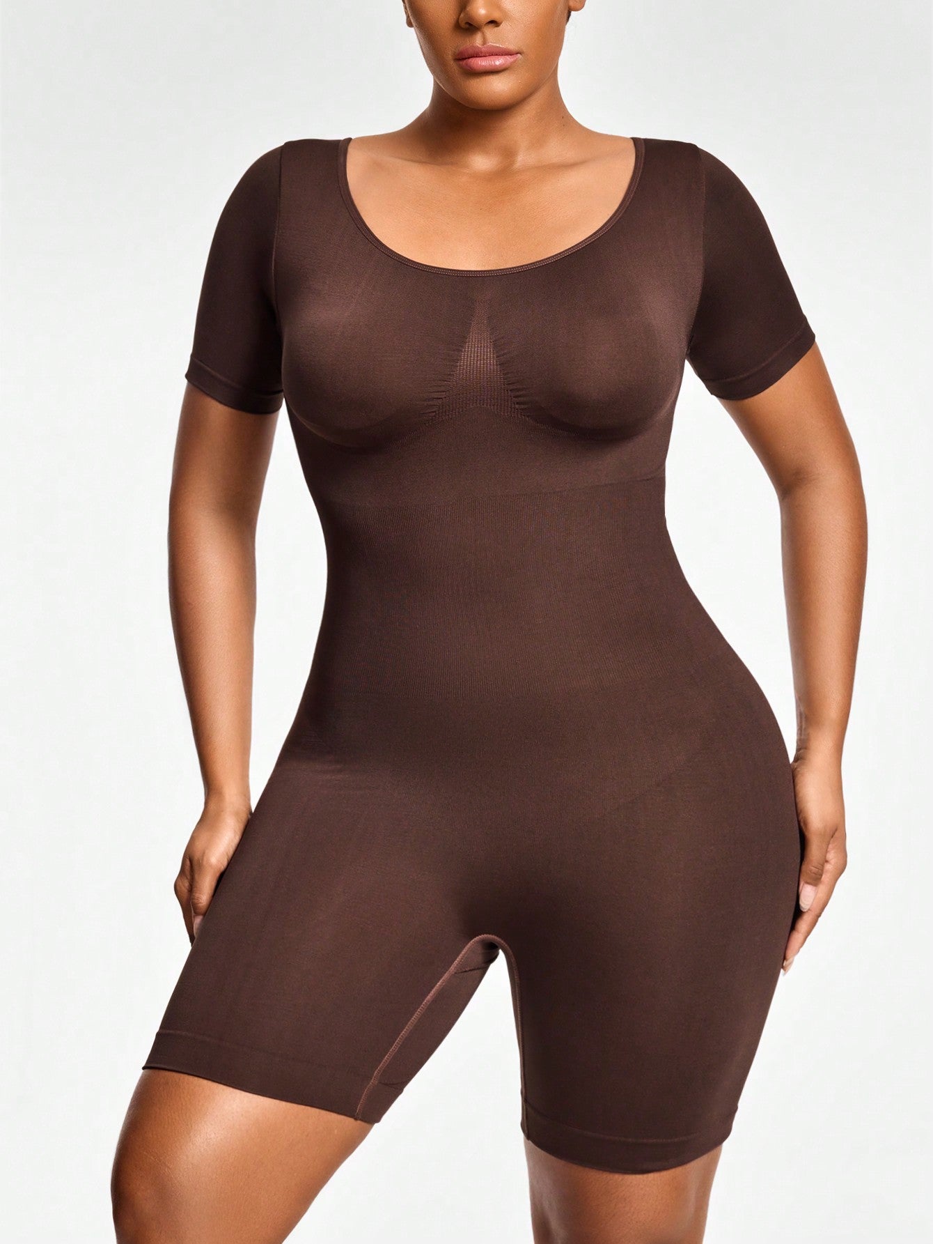 Full Body Shapewear Bodysuit With Short Sleeves Bust Lift Arm Control Tummy Waist Thigh Slimming