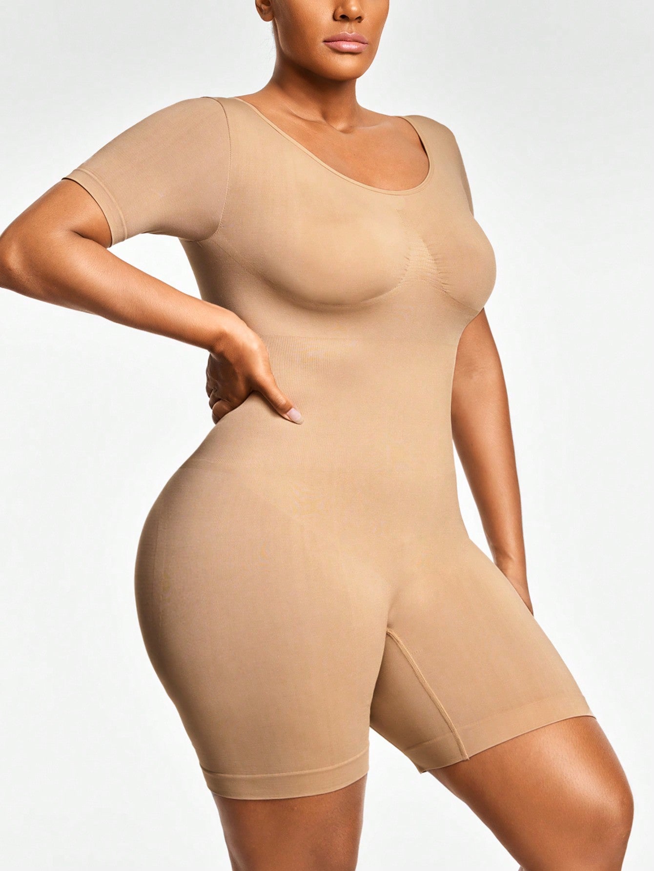 Full Body Shapewear Bodysuit With Short Sleeves Bust Lift Arm Control Tummy Waist Thigh Slimming