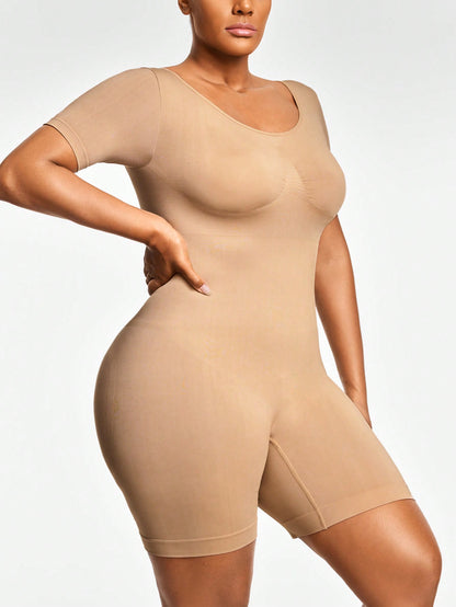 Full Body Shapewear Bodysuit With Short Sleeves Bust Lift Arm Control Tummy Waist Thigh Slimming