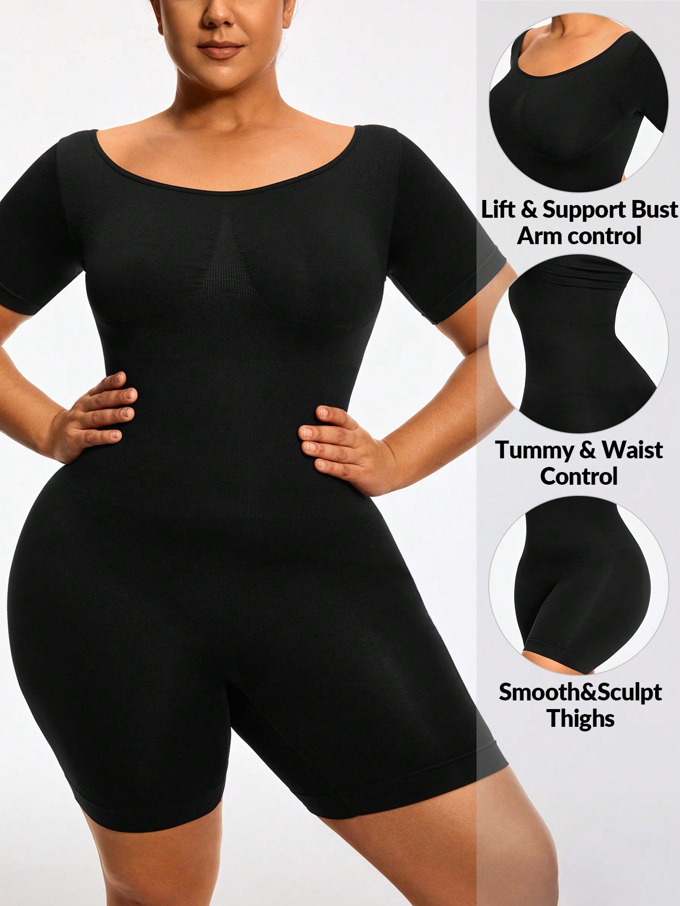 Full Body Shapewear Bodysuit With Short Sleeves Bust Lift Arm Control Tummy Waist Thigh Slimming
