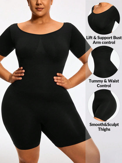 Full Body Shapewear Bodysuit With Short Sleeves Bust Lift Arm Control Tummy Waist Thigh Slimming