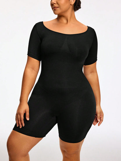 Full Body Shapewear Bodysuit With Short Sleeves Bust Lift Arm Control Tummy Waist Thigh Slimming