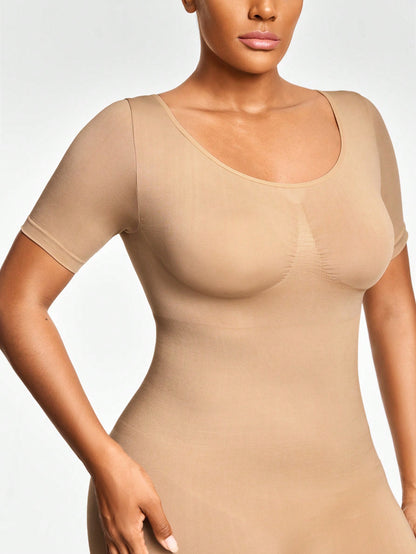 Full Body Shapewear Bodysuit With Short Sleeves Bust Lift Arm Control Tummy Waist Thigh Slimming