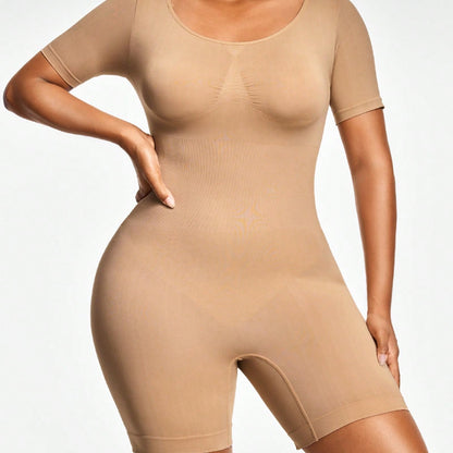 Full Body Shapewear Bodysuit With Short Sleeves Bust Lift Arm Control Tummy Waist Thigh Slimming
